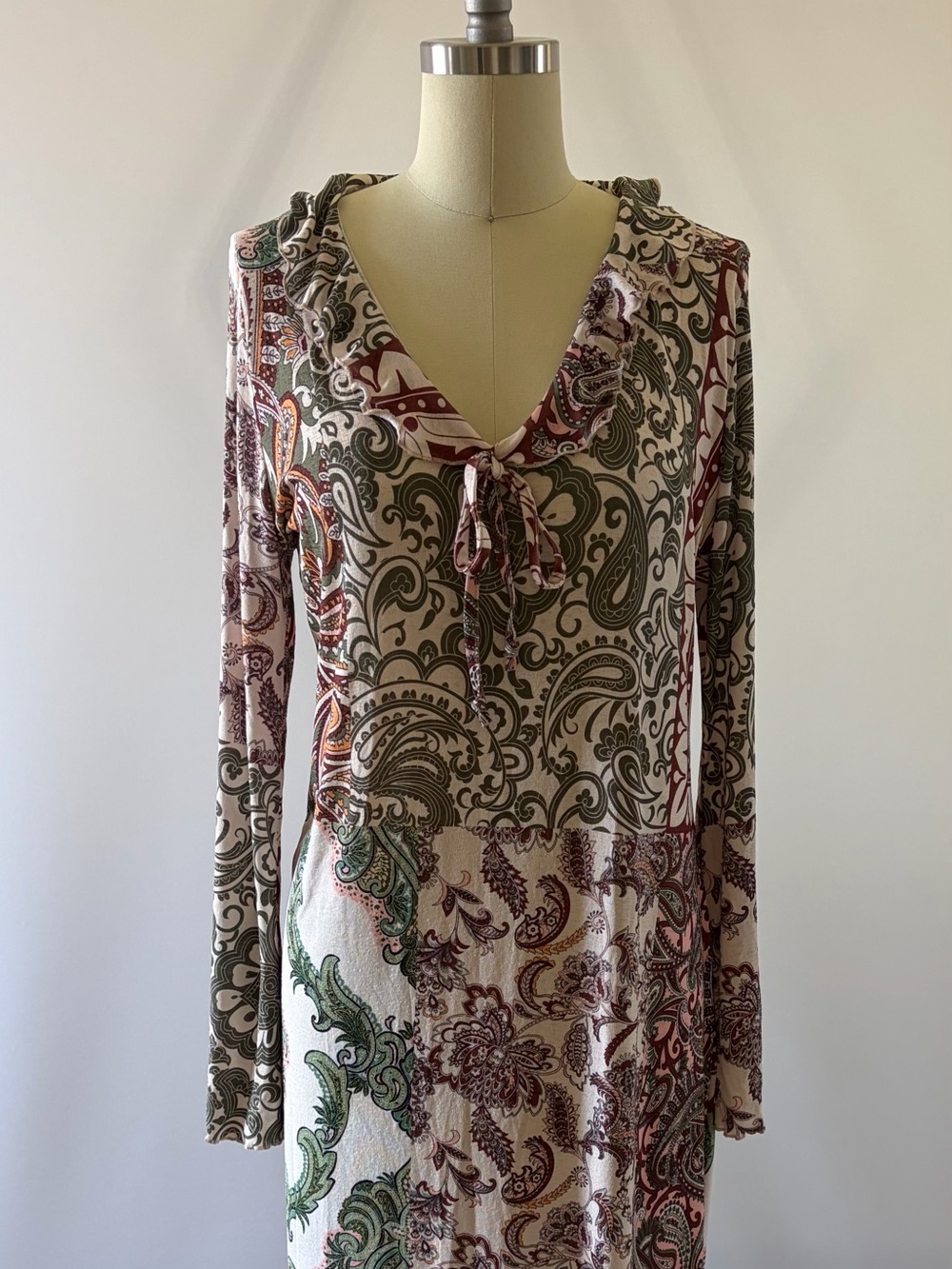 Boohoo Olive and Blush Paisley Tie-Neck Long Sleeve Dress